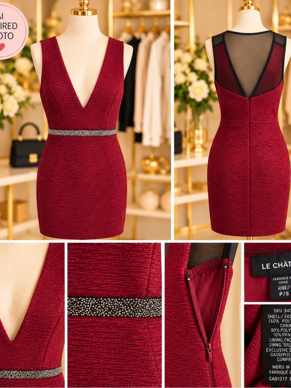 le chateau Burgundy V-Neck Sheath Dress with Embellished Waist- S